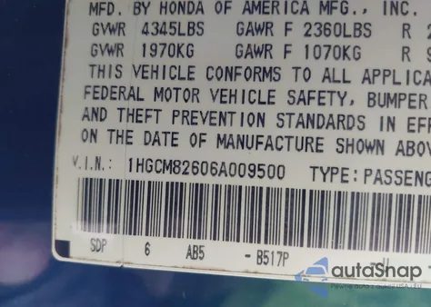 2006 Honda Accord 3.0 Ex z USA, uszkodzony, nr VIN 1HGCM82606A009500